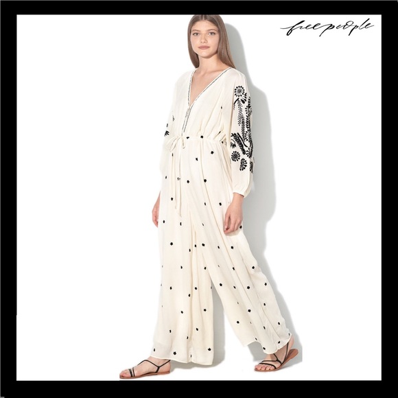 Free People Pants - FREE PEOPLE EMBROIDERED V-NECK WIDE LEG JUMPSUIT
